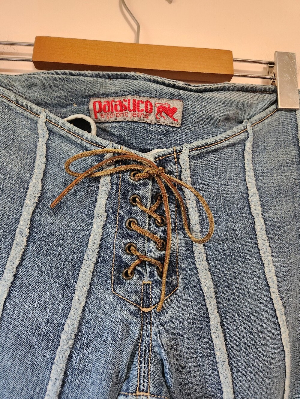 Vintage Y2K Parasuco Low Rise Lace Up Flared Exposed Seam Jeans Size 26 - Picture 3 of 15